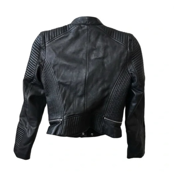 Zara TRF Quilted Motorcycle Black Crop Sheep Leather Silver Zip Size M Jacket. - Picture 4 of 9